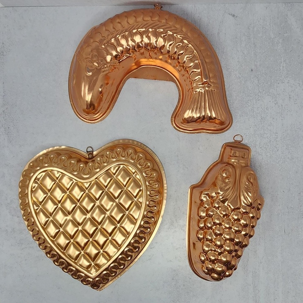 Set of 3 Vintage Copper Gelatin Molds Heart, Fish & Grapes Old Dutch Jello Cake